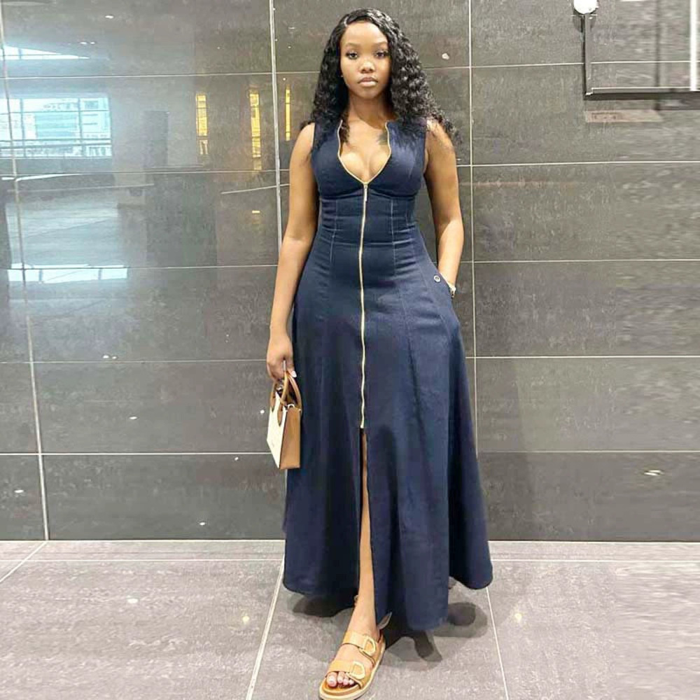 African Casual Sleeveless Waist Cinching Zip Neck Maxi Dress